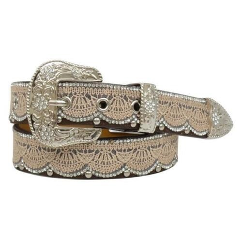New! Youth girls ANGEL RANCH BROWN LEATHER LACE BELT w/ CRYSTALS Size S M L XL - Picture 2 of 3