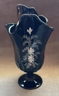 Beautiful Fenton Ware Black Glass Vase  9” Tall Hand Painted