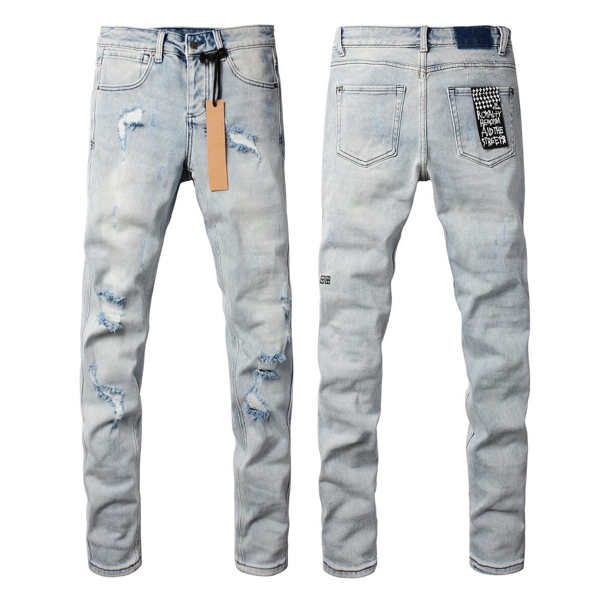 NEW KSUBI Men's Light Blue Knee Ripped Letter Embroidered