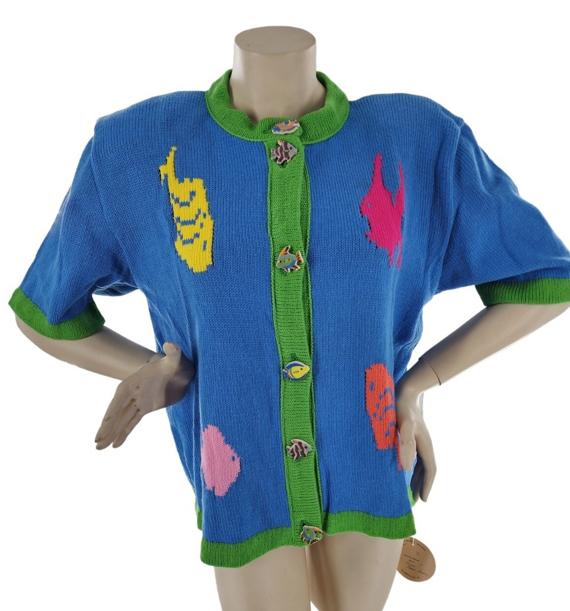 Vintage 90s S.G. Morris Fish Knit Cardigan Button Sweater sz