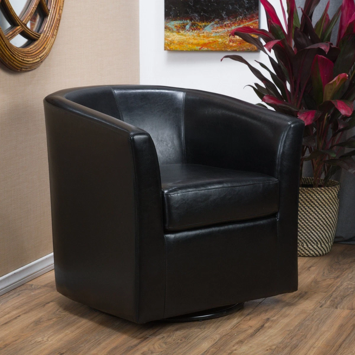 Corley Black Leather Swivel Club Chair