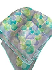 Pretty Abstract Sheer Square Neck Scarf Lavender Aqua Green Rolled Edge 21"