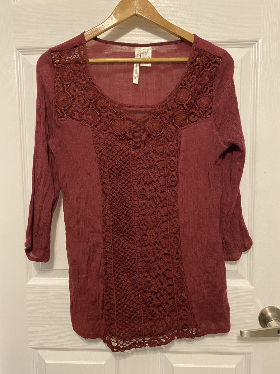 Simply Irresistible Women's Sz. Lg Burgundy 3/4 Sleeve Top Crochet
