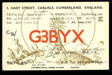 1 x Tarjeta QSL Radio Reino Unido G3BYX Hart Street Carlisle Cumberland 1949 ≠ U024