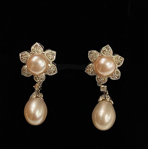 Magnificent South Sea Pearl, Diamond, 18K White Gold Drop Pendant Earrings - Picture 2 of 7