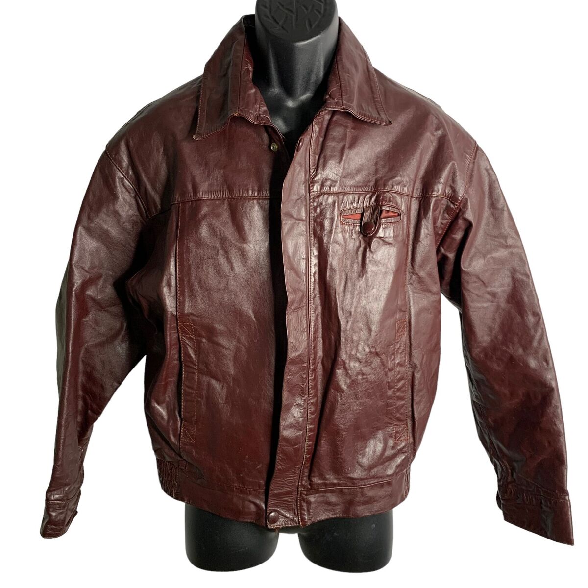 Vintage 70s 80s Leather Bomber Jacket L Maroon Red Zip Snap Vintage 70s 80s Leather Bomber Jacket L Maroon Red Zip Snap