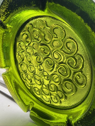 Vintage Blenko Green Textured Art Glass 9.5" Round Heavy Large MCM Ashtray Cigar - Picture 3 of 24