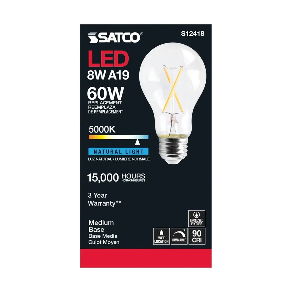8 Watt LED A19 - Clear - Medium Base - 5000K - 90 CRI - 120 Volt -  6 Pack - Image 4 of 4