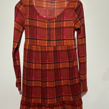 SO Sweater Dress Womens XS Multi Plaid Pleated Peplum Hem Long Sleeve Snap Front