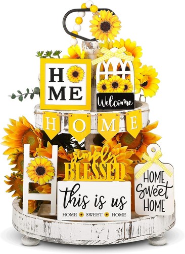 11 Pcs Sunflower Tiered Tray Decor Set Home Sweet Farmhouse Tray...
