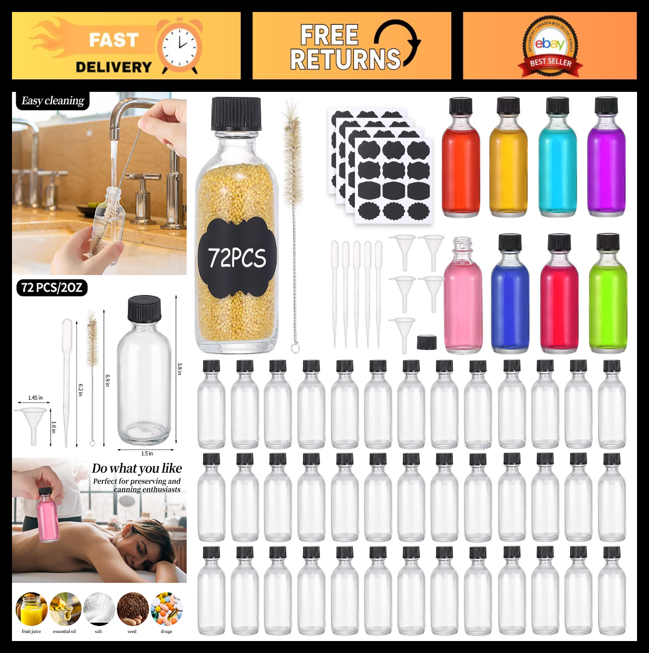 72 Pack 2oz Clear Glass Bottles with Lids - Boston Round Travel Containers + Lab