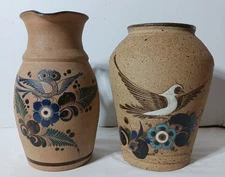 2 Vintage Tonala Mexican Stoneware 9.5" Owl Pitcher & 9" Bird Jug Vase