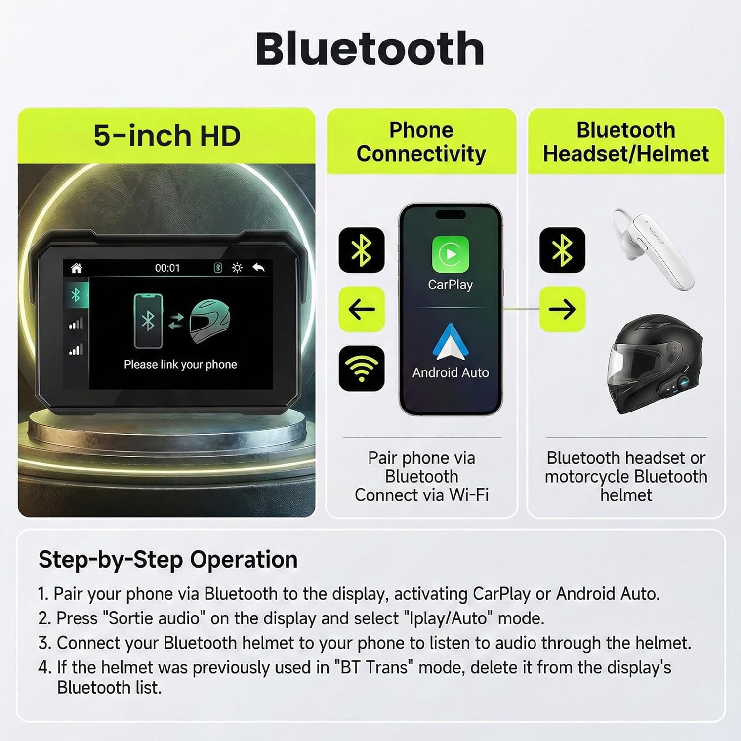 Sistema Infotainment Moto 5": Wireless CarPlay e Bluetooth Casco - 4