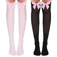 Black Thigh High Socks with Bow  White Sheer Stockings with Pink Bow