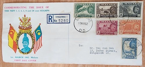 Malaya definitive stamps FDC Singapore registered