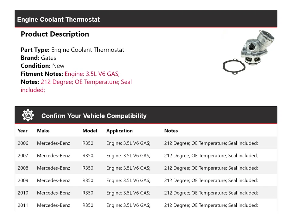 Para Mercedes-Benz R350 2006-2011 3,5 L V6 motor gas refrigerante termostato puertas Foto 2 de 4