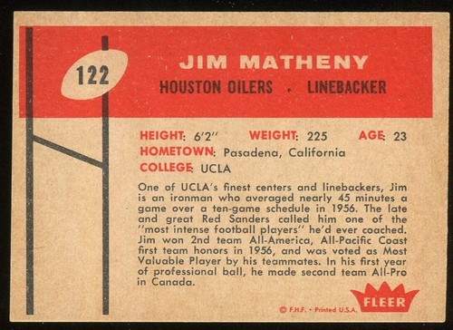 1960 Fleer #122 Jim Matheny Houston Oilers - Rookie Card - Picture 2 of 2
