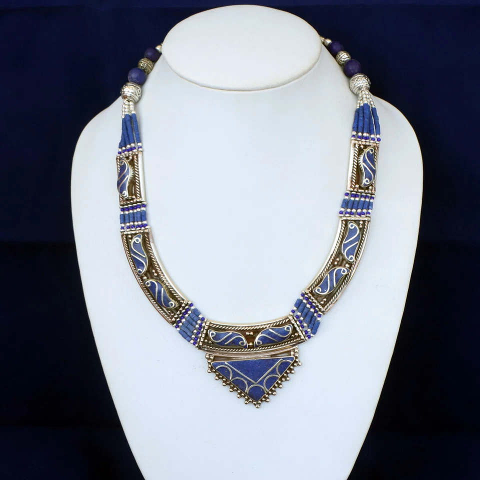 Autêntico colar boho vintage joias Buda contas de coral lápis-lazúli azul - Imagem 2 de 4