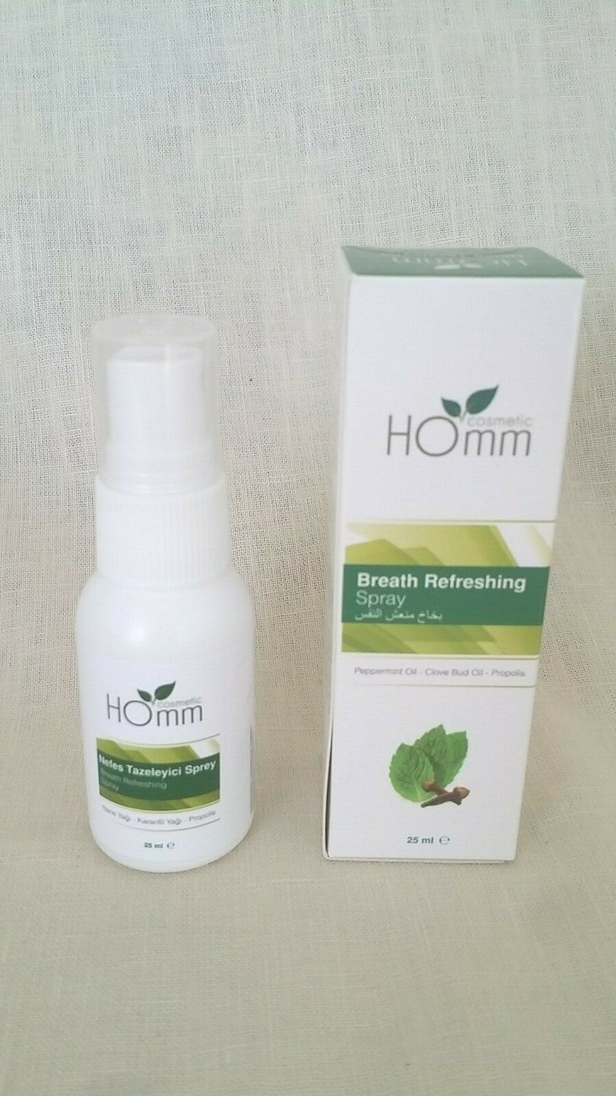 2 Homm Cosmetics Breath Rrefreshing Spray Peppermint Oil Bad Breath in box