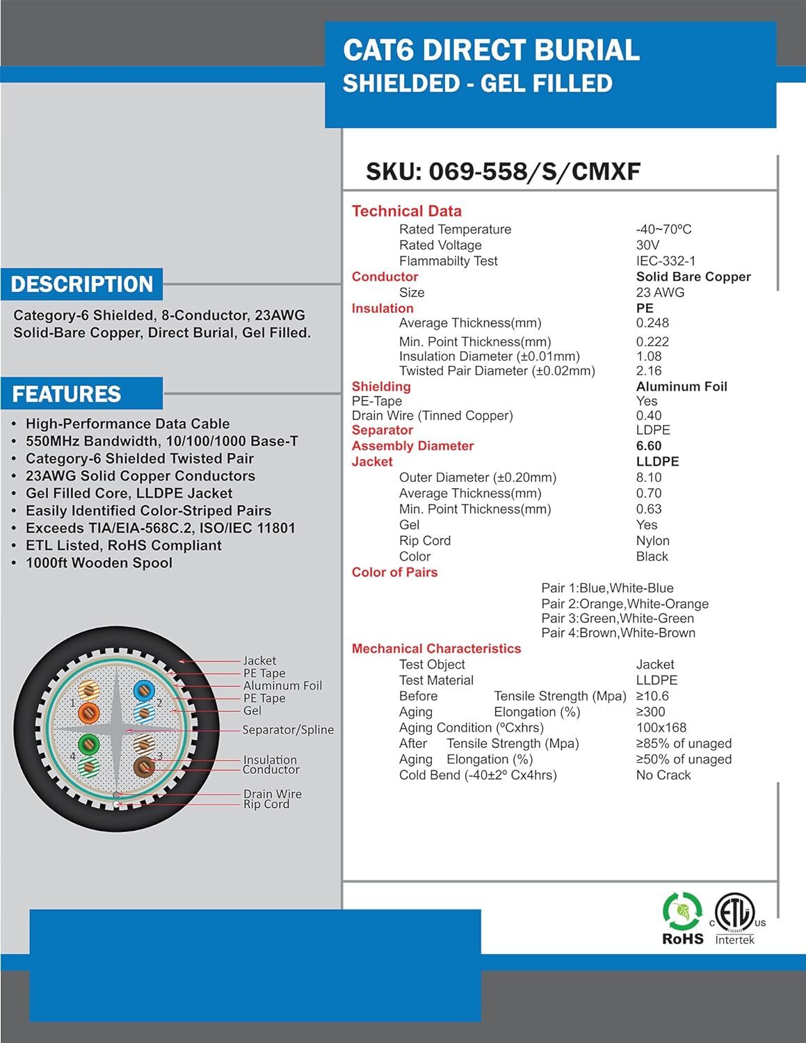 Vertical Cable 50Ft-350Ft Cat6 Gel Shielded 23AWG CMXF Outdoor Network Copper