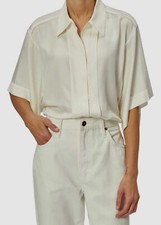  250 Equipment Femme Women's White Collared Short Sleeve Silk Blouse Size Small