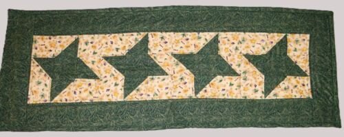 Hand Made Quilted Table Runner/ Topper /Mat ~ 14" x 30" ~ Green Gold Stars - Picture 4 of 4