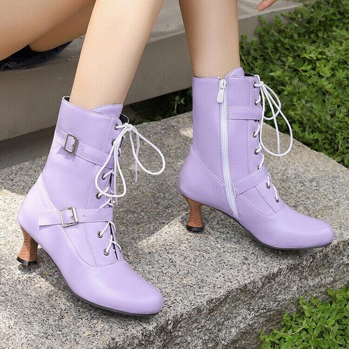 Womens Chic Shoes Round Toe Lace Up Buckle Straps Mid Heel Ankle Boots - Bild 13 von 26