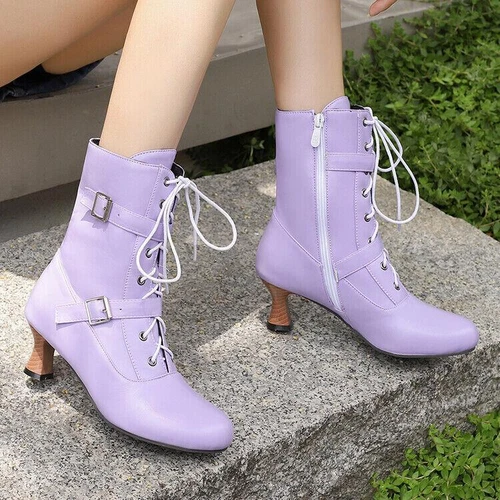 Womens Chic Shoes Round Toe Lace Up Buckle Straps Mid Heel Ankle Boots - Picture 14 of 31