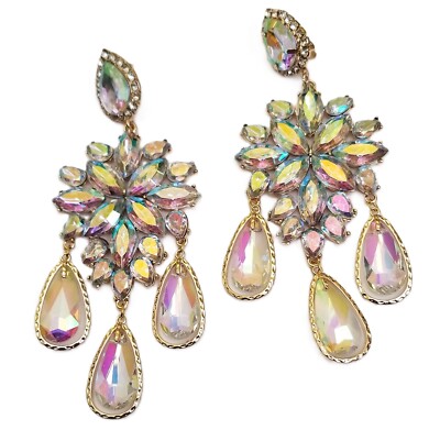 CLIP ON Earrings Rhinestone Crystal Oversized Iridescent Drop