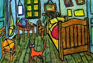 Details About Artist Signed Print Van Gogh Bedroom Cat Aceo 2 5 X 3 5 By Pierre Molangi