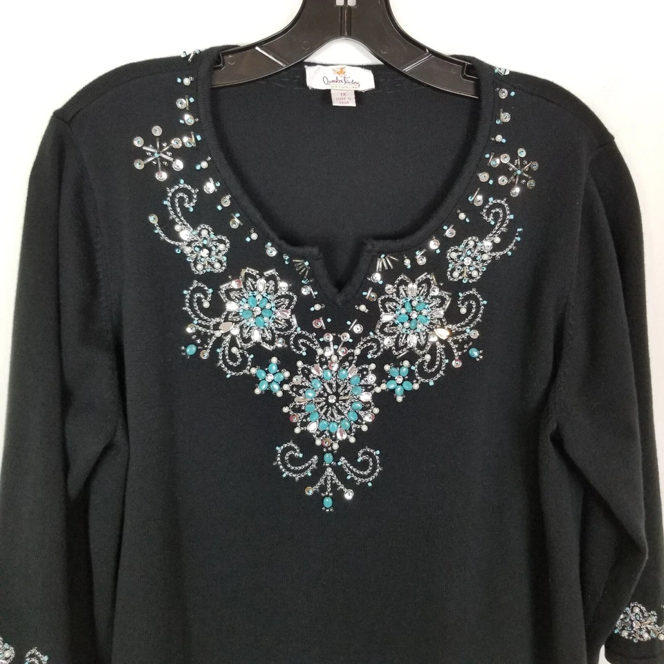 Quacker Factory Women' Plus Snowflake Beaded Pearl Tunic Sweater Sz 1X Black - Image 2 of 4