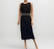 MAC DUGGAL Sleeveless Beaded Sequin Sheath Evening Dress Navy Blue Size 8