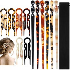 12 Pcs Vintage U-Shaped Hair Sticks, Tortoise Shell  Leopard Print Hairpins, Re