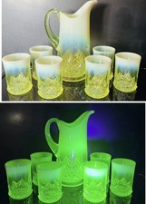 Antique Northwood Diamond Spearhead 7 Piece Vaseline Opalescent Uranium Glass St