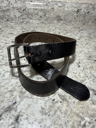 VTG 70s Full Grain Oil Tanned Black Leather Belt Brass Buckle Men's 34 88cm EUC