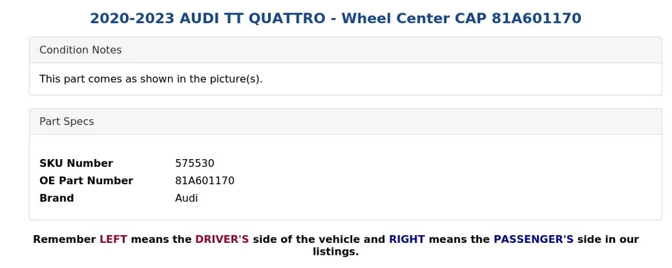 AUDI TT QUATTRO 2020-2023 - Tapa central de rueda 81A601170 Foto 4 de 4