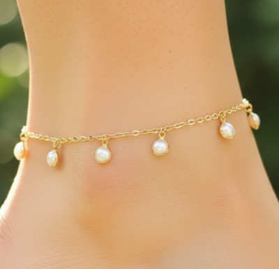 Elegant Gold Color Pearl Anklet 18K Gold Plated Designer Anklet Handmade Boho