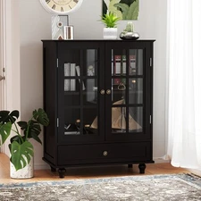 Modern Buffet Cabinet w/Glass Doors Wood Storage Sideboard Cupboard For Entryway