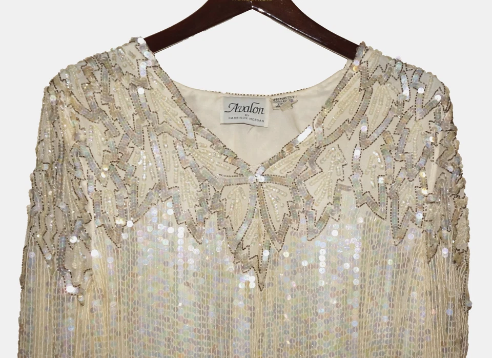 Top vintage AVALON marfil crema años 80 100 % seda cuentas y lentejuelas MEDIANO Foto 3 de 4