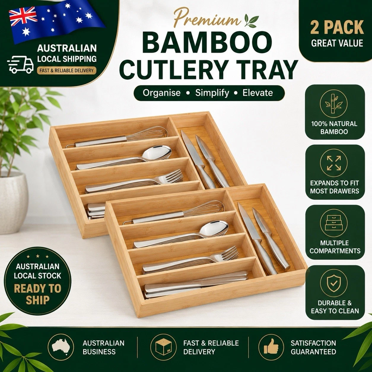 2x Bamboo Cutlery Tray Utensil Drawer Kitchen Organizer Insert Divider Holder AU
Opens in a new wind
