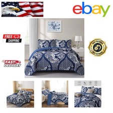 Soft Lightweight Navy Queen Quilt Set with Reversible Damask Design   3 Pieces