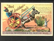 Bad Accident Mechanical Bank Iron Toy Donkey SR.B.ba Victorian Trade Card - RARE