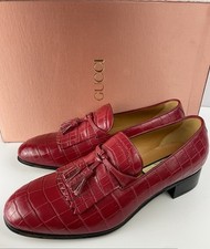 $6200 Gucci 714681 Cherry Red Crocodile Tassel Loafers Mens Size 8/US 8.5