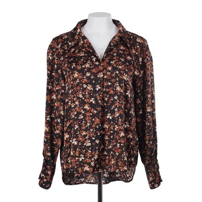 Halogen Blouse L Brown Floral Print Collared Long Sleeve High-Low Popover Top