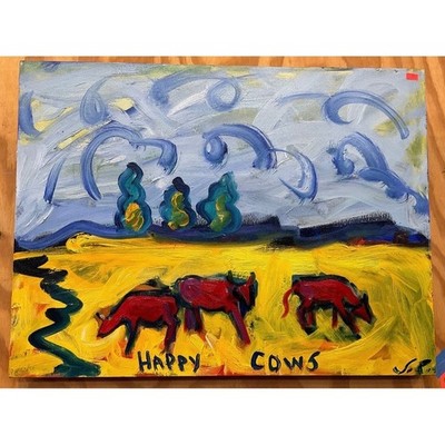 Serena Rosenfeld Oil Painting Large Yellow Excellent Happy Cows California