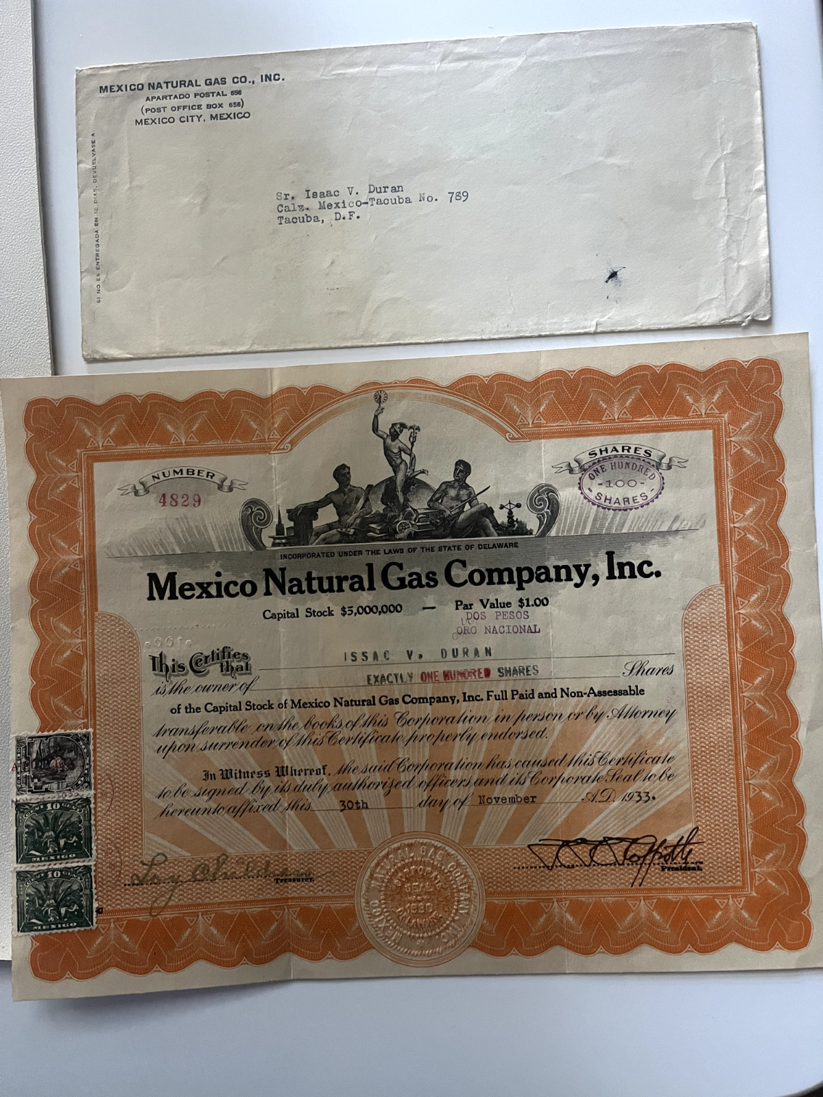 Vintage Stock Bond Document Paper Mexico Cerveza Telefonos Telegrafos Telmex