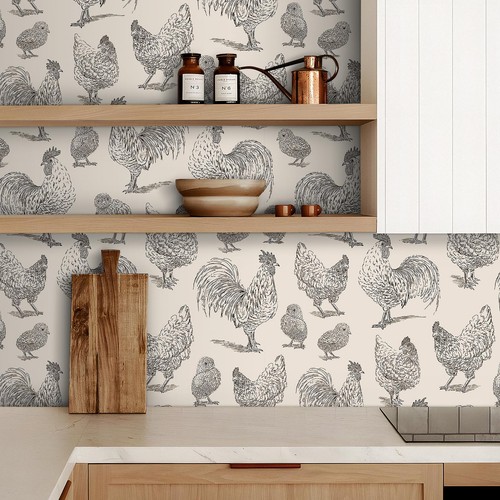 17.5x276" Chicken Peel and Stick Wallpaper Vintage Farmhouse Kitchen Wall Pap... - Picture 2 of 7