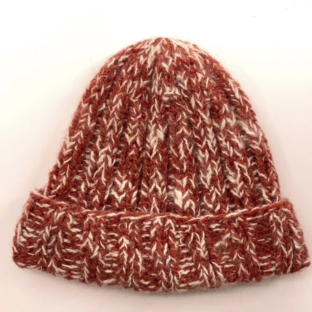 Light red white pattern homeknit winter cuff hat