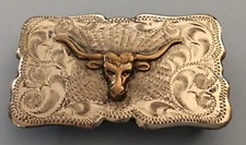 Rare Antique Vintage Engraved Sterling Silver Longhorn Steer Western Belt Buckle