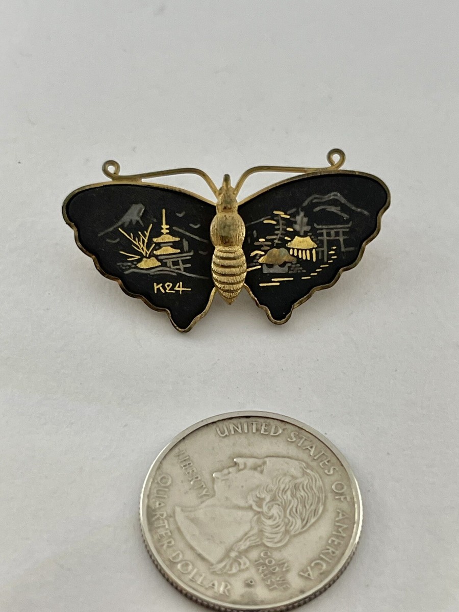 Vintage K24 Shakudo Japanese Damascene Butterfly Scenic